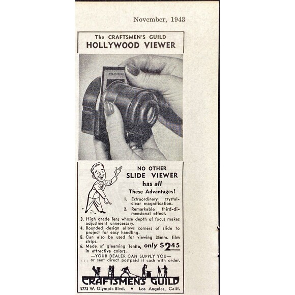 Craftsmens Guild "Hollywood Slide Viewer only $2.45!" Vintage Print Ad 1943 - Picture 1 of 3
